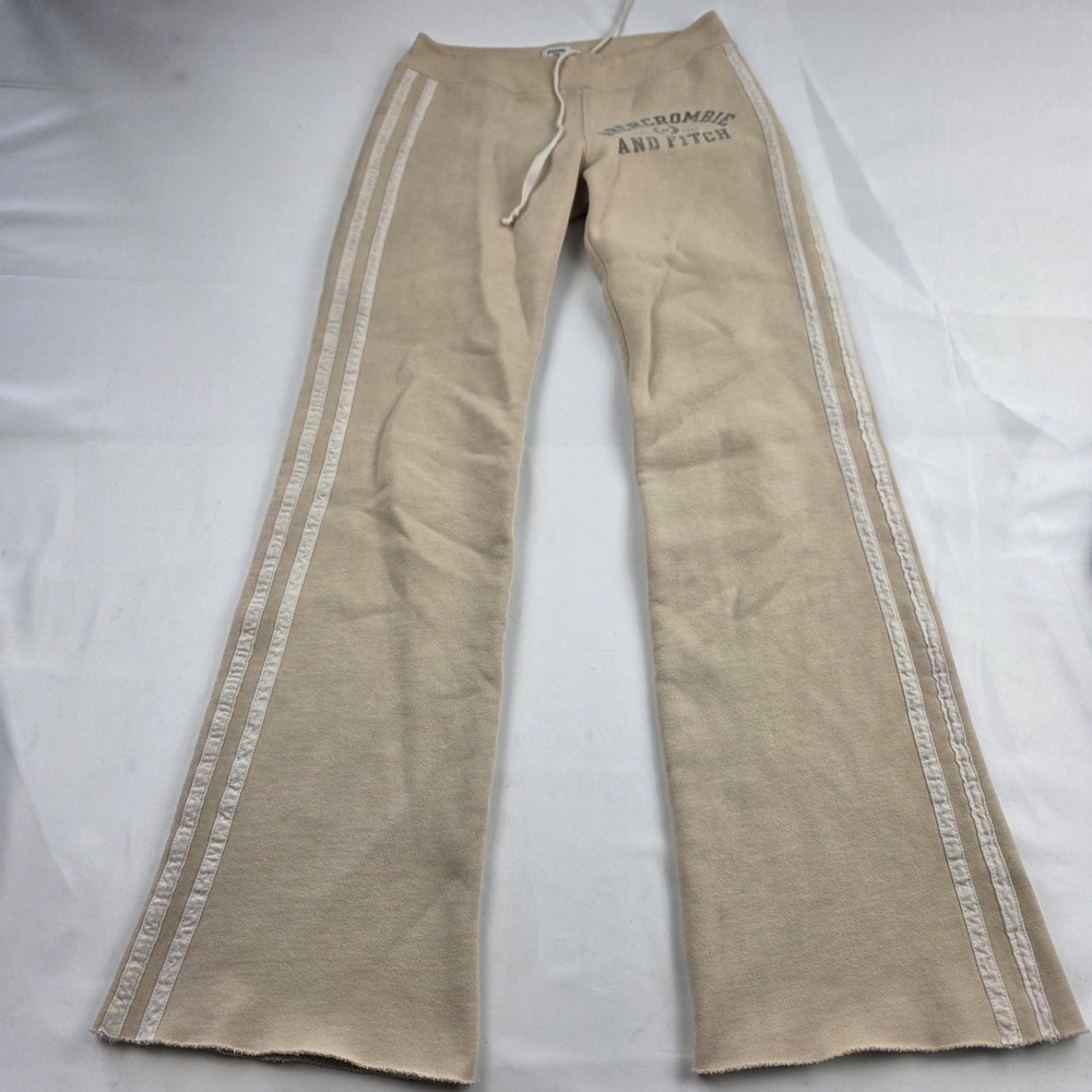 VTG Y2K Abercrombie & Fitch Sweatpants Womens Small Beige Fleece Flare Logo